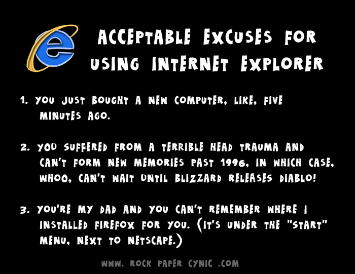 we go over the three acceptable excuses to STILL be using Internet Explorer when there's a ridiculous number of actually useful Internet browsers to choose from