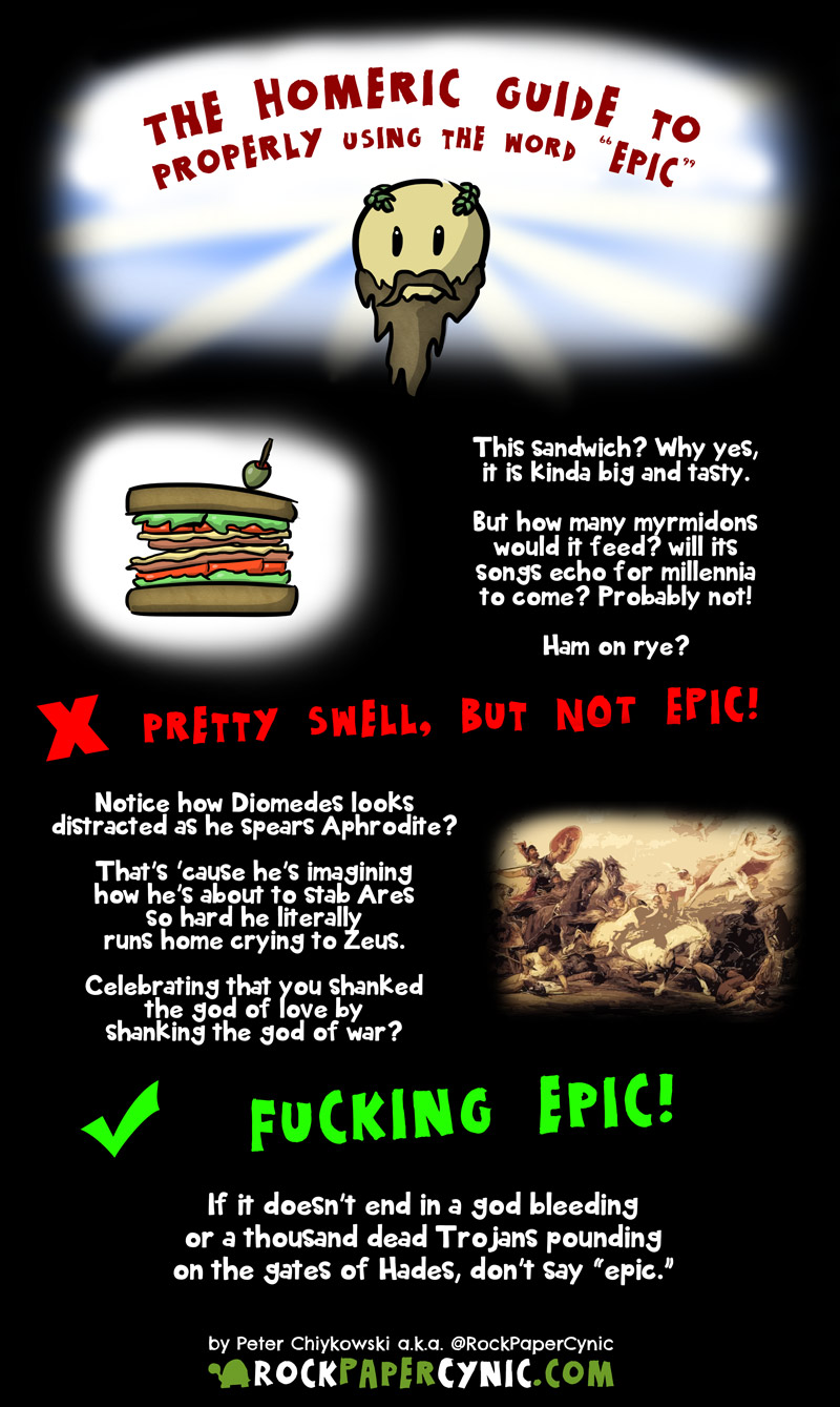 the epic Greek poet Homer uses The Iliad to demonstrate the difference between something epic, like, say, Diomedes stabbing people, to something not epic (a sandwich)