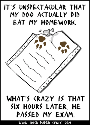 a dog unwittingly makes a pun with his bowels