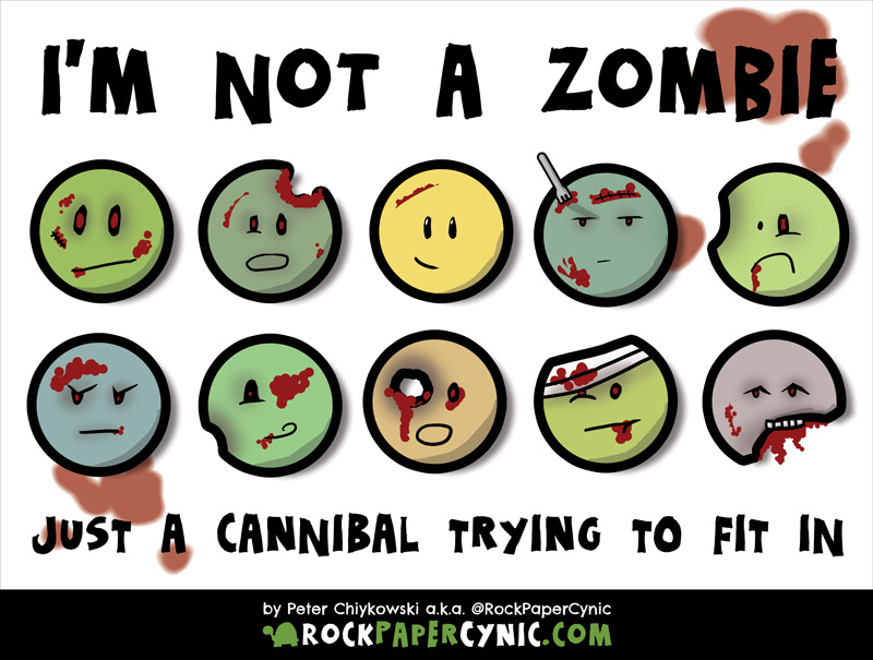 a cannibal tries to fit in amongst zombies
