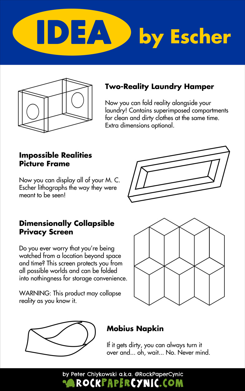 M. C. Escher designs furniture for IKEA and, let's face it, Relativity as a laundry hamper? A multiple perspective picture frame? SWEET!