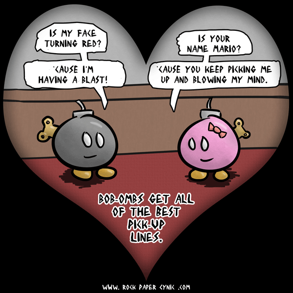 bob-ombs hit on each other with explosive Nintendo puns and pick-up lines