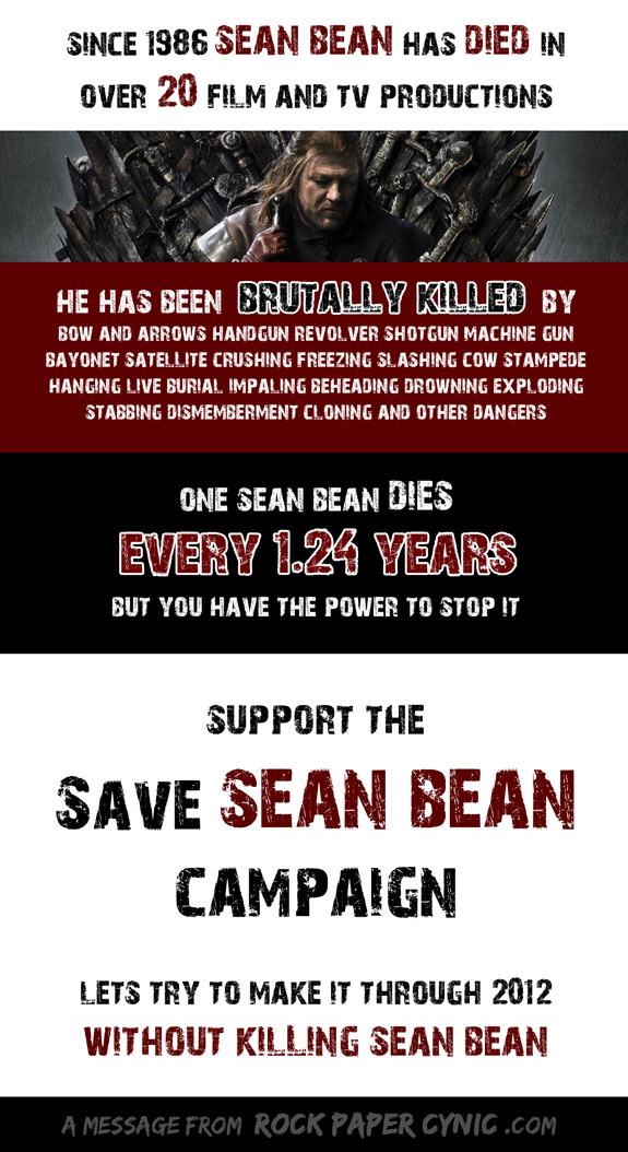 we start a campaign to save Sean Bean, who has died over 20 times in films and tv shows since 1986