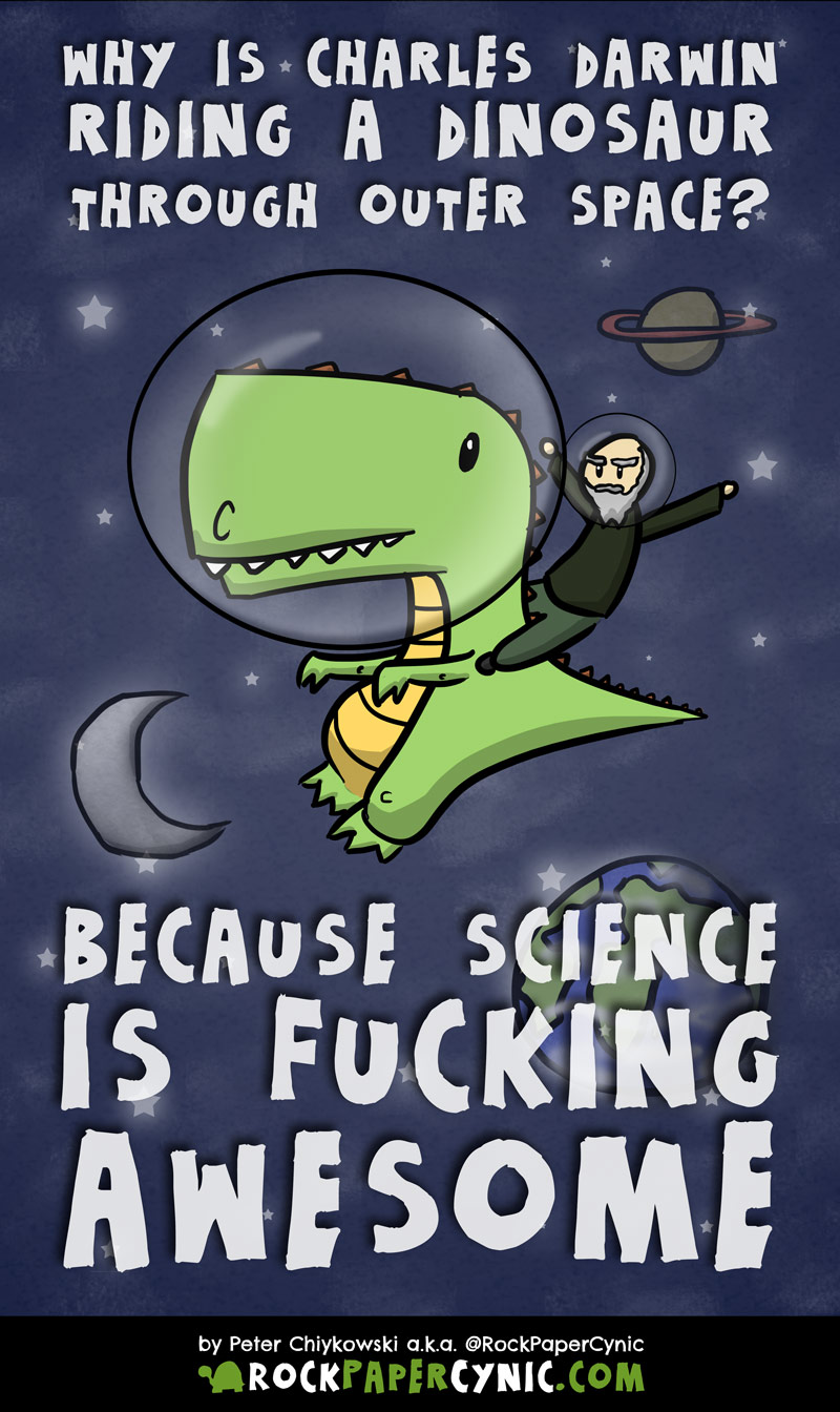 we answer the age-old question: why is the father of evolution riding a Tyrannosaurus Rex through outer space?