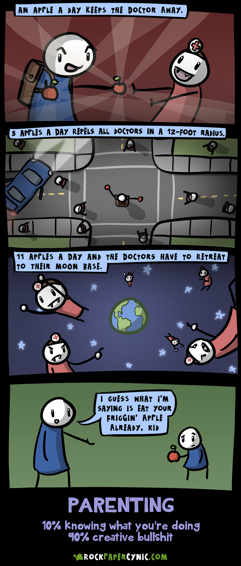 An Apple a Day Keeps the Bullshitting Parent Entertained in this comic, we explain how the apple-a-day rule gives the parents the chance to mess with their kids