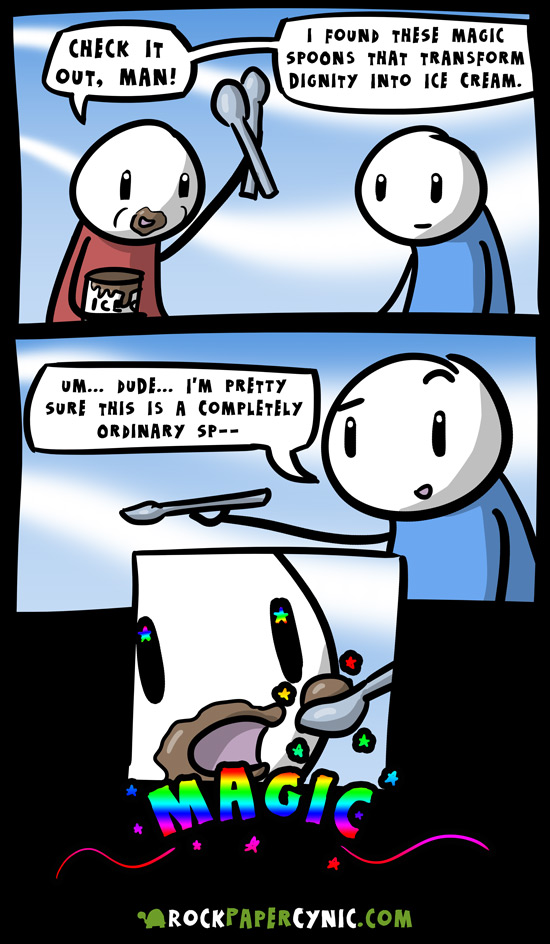 in this comic, one man discovers magic spoons that transform dignity into ice cream