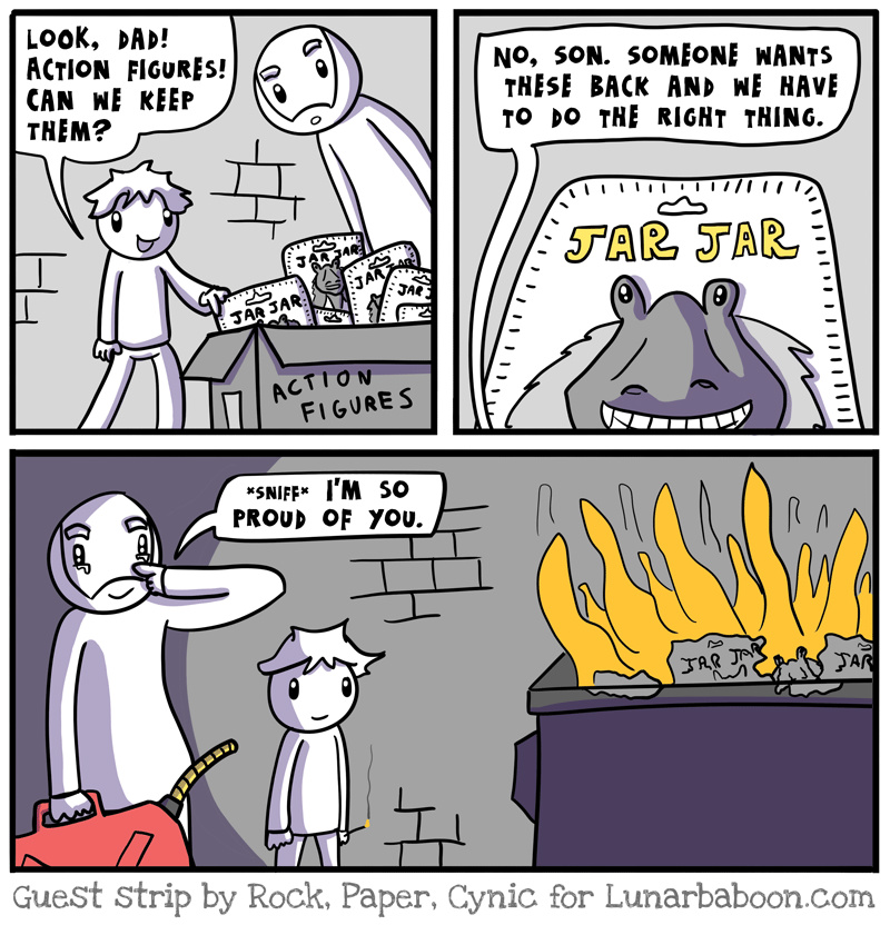 we find a box of Jar Jar Binks action figures in an alley and try to do the right thing in a guest coic for moon-mammal/webcartoonist Lunarbaboon