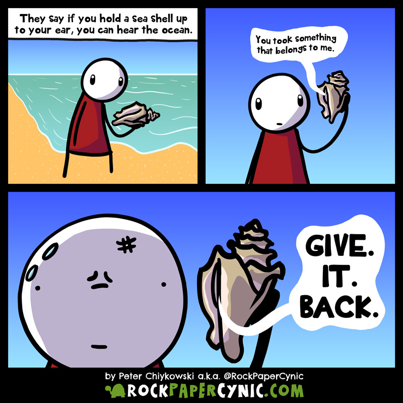 a man tests the old saying that if you hold a sea shell up to your ear, you can hear the ocean